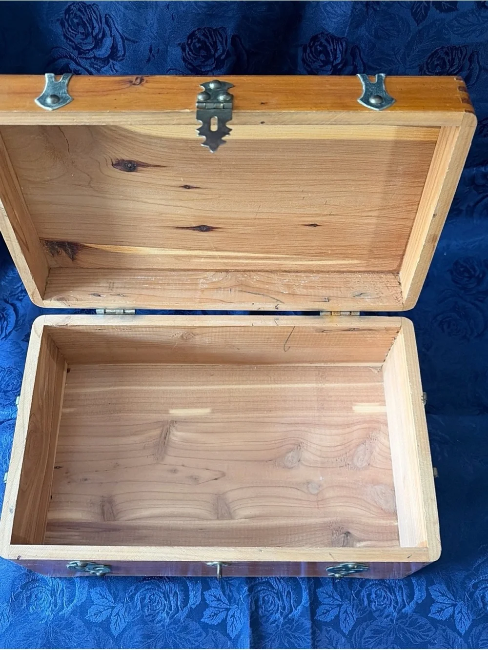 VTG McGraw Cedar Wood Trinket Box W/Decorative Metal Straps And Handles